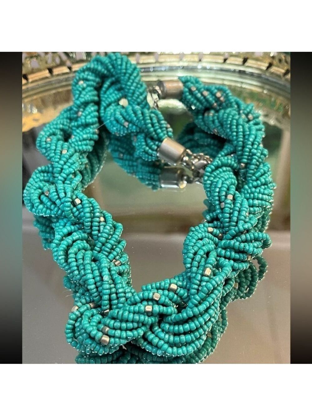 Vintage Turquoise Rope Twist Seed Bead Necklace Handwoven Statement Collar Retro